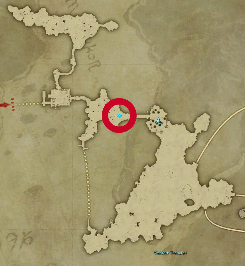Screenshot of a game map, showing an area with a smaller wide part in the top left, a large part in the bottom right and a spot of land inbetween connecting them. A marker is placed in that middle part connecting the others.