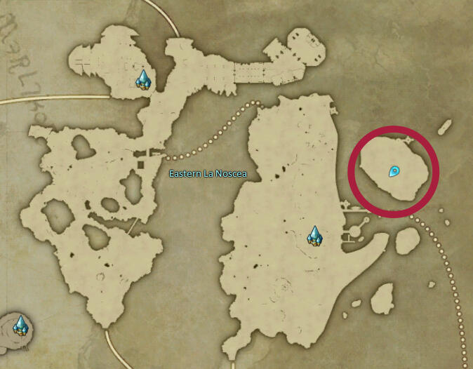 Screenshot of a game map, showing an area separated vertically by a mountain range. There is a marker on a big island on the upper right side.