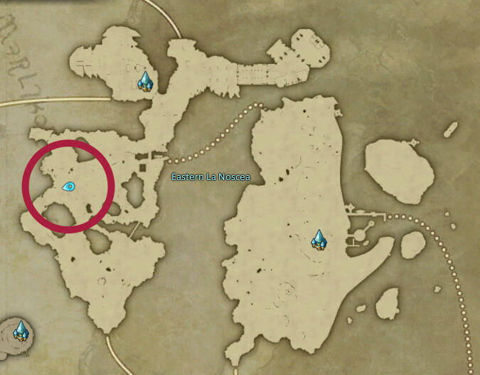 Screenshot of a game map, showing an area separated vertically by a mountain range. There is a marker on the left side near a canyon.
