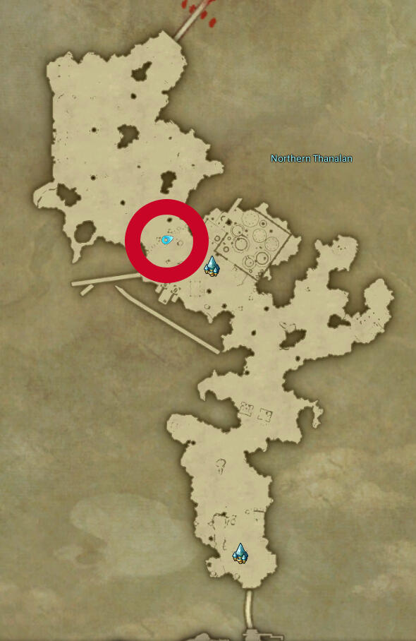 Screenshot of a game map, showing a long narrow area. A marker is placed next to a small industry settlement in the center.