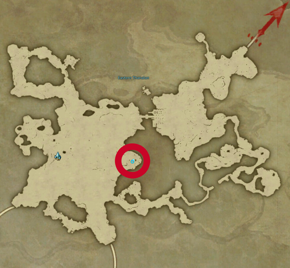 Screenshot of a game map, showing an area separated vertically by a large cliff. There is a marker in the middle of the left part, next to the cliff's edge.