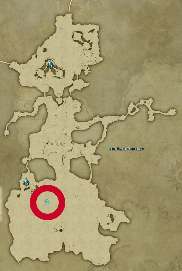 Screenshot of a game map, showing a long area split into three partially connected vertical parts. There is a marker in the bottom part, more precisely in its upper left corner next to a small settlement.