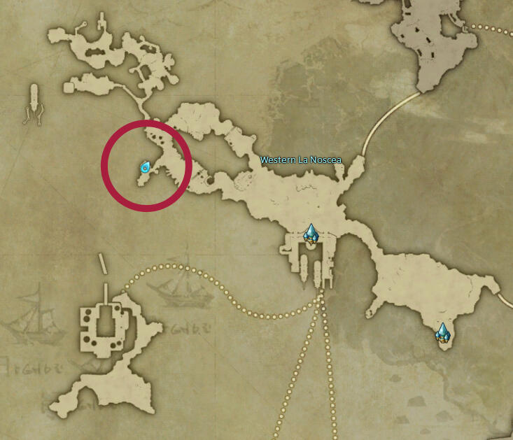 Screenshot of a game map, showing a long diagonal area with an island in the south. There is a marker in the upper right part in a small peninsula.