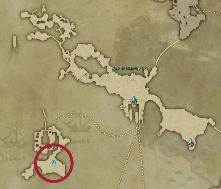 Screenshot of a game map, showing a long diagonal area with an island in the south. There is a marker in the southern part of this island.