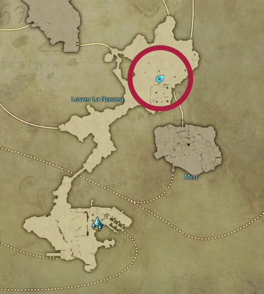 Screenshot of a game map, showing an area separated vertically by a mountain range. There is a marker on an island on the right side, showing the location of the coordinates in the headline.